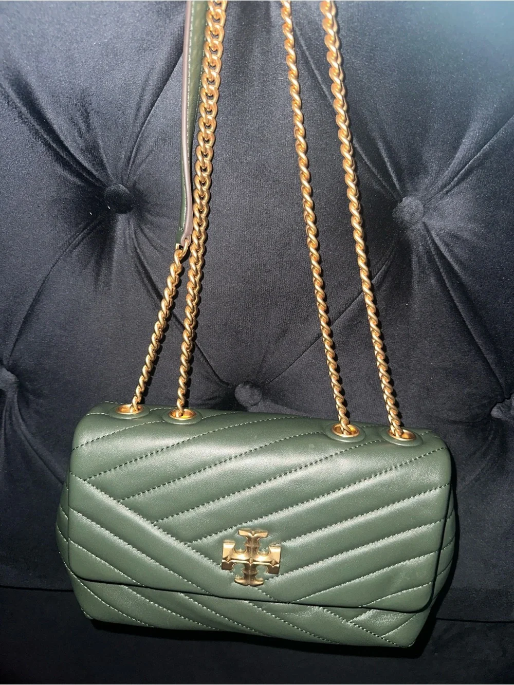 Tory Burch Olive Green Quilted Chevron Crossbody with Gold Logo